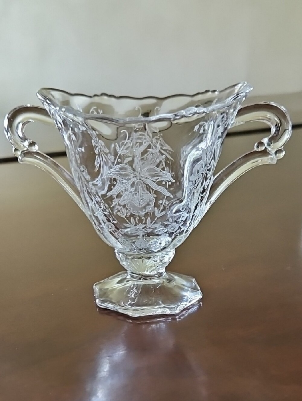 VTG Heisey Etched Orchid Double-Handled Glass Sugar Bowl